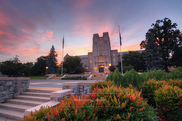A quiet July evening at Burruss Hall on the campus of Virginia Tech.
