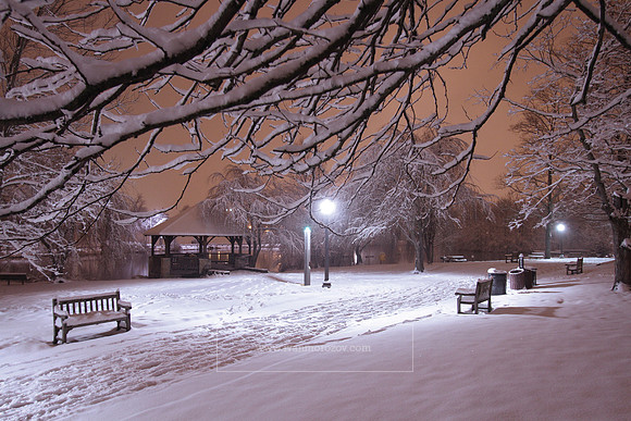 Quiet evening after a snowstorm at the Duck Pond. Virginia Tech.