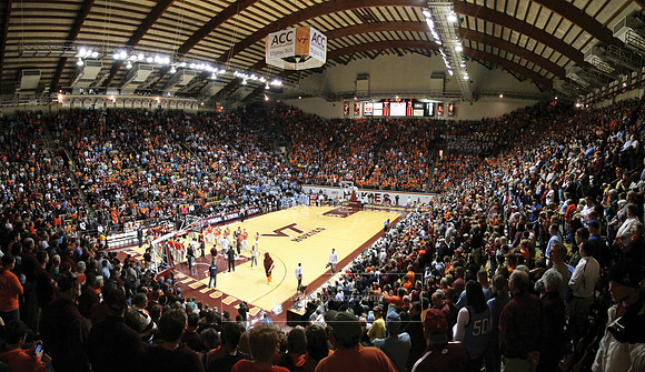 Basketball. Fans cheer during pregame festivities at Cassell Coliseum, Virginia Tech.