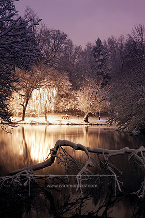 Quiet evening after a snowstorm at the Duck Pond. Virginia Tech.