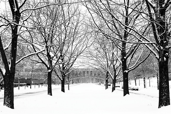 Winter on the Alumni Mall, Virginia Tech. Torgersen Hall, War Memorial.