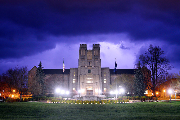 Burruss Hall, Lightning. Virginia Tech.