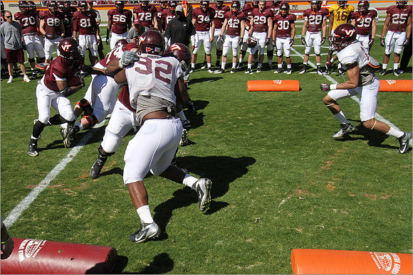 FB. 2013. Spring, football scrimmage at Virginia Tech.