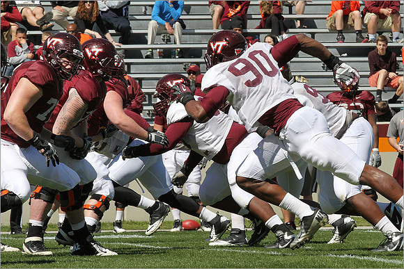 FB. 2013. Spring, football scrimmage at Virginia Tech.
