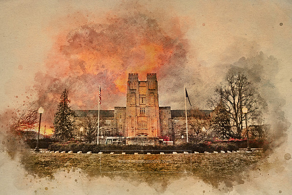 Burruss Hall, Sunset. WTCLR-SKCH, 2019.02.02.