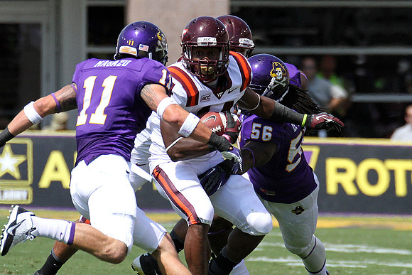 2013.09.14. Virginia Tech (Hokies) at East Carolina University (Pirates). Dowdy-Ficklen Stadium, Greenville, NC. Final score: Virginia Tech 15, ECU 10.