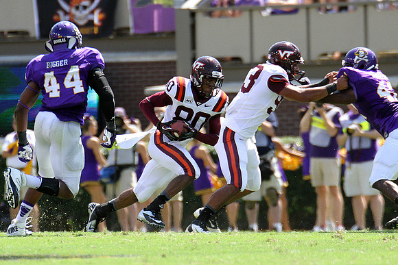2013.09.14. Virginia Tech (Hokies) at East Carolina University (Pirates). Dowdy-Ficklen Stadium, Greenville, NC. Final score: Virginia Tech 15, ECU 10.