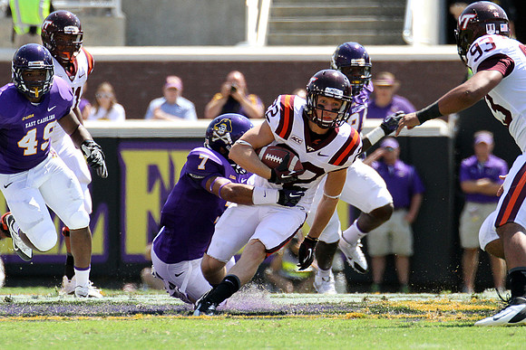 2013.09.14. Virginia Tech (Hokies) at East Carolina University (Pirates). Dowdy-Ficklen Stadium, Greenville, NC. Final score: Virginia Tech 15, ECU 10.