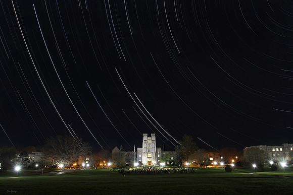 StarTrails over Burruss Hall. Virginia Tech.