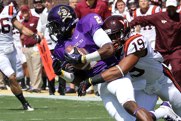 2013.09.14. Virginia Tech (Hokies) at East Carolina University (Pirates). Dowdy-Ficklen Stadium, Greenville, NC. Final score: Virginia Tech 15, ECU 10.