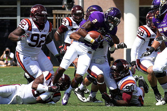 2013.09.14. Virginia Tech (Hokies) at East Carolina University (Pirates). Dowdy-Ficklen Stadium, Greenville, NC. Final score: Virginia Tech 15, ECU 10.