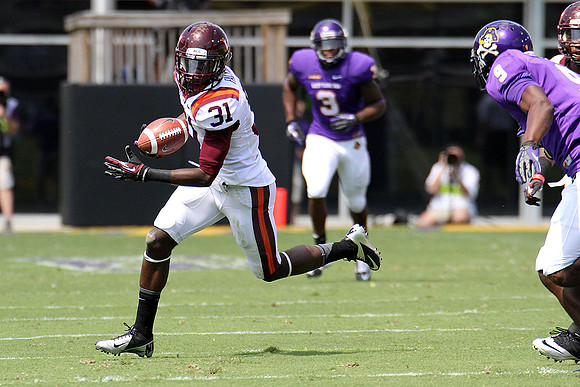 2013.09.14. Virginia Tech (Hokies) at East Carolina University (Pirates). Dowdy-Ficklen Stadium, Greenville, NC. Final score: Virginia Tech 15, ECU 10.
