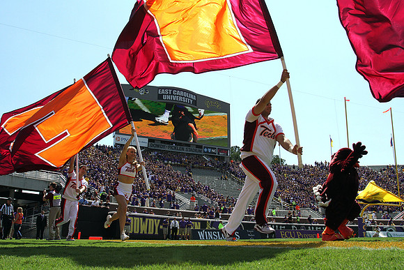 2013.09.14. Virginia Tech (Hokies) at East Carolina University (Pirates). Dowdy-Ficklen Stadium, Greenville, NC. Final score: Virginia Tech 15, ECU 10.