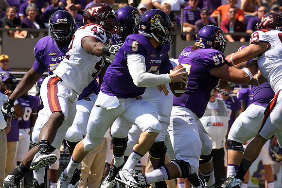 2013.09.14. Virginia Tech (Hokies) at East Carolina University (Pirates). Dowdy-Ficklen Stadium, Greenville, NC. Final score: Virginia Tech 15, ECU 10.