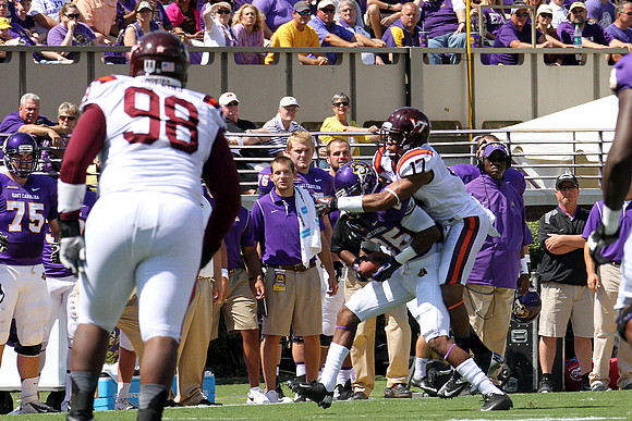 2013.09.14. Virginia Tech (Hokies) at East Carolina University (Pirates). Dowdy-Ficklen Stadium, Greenville, NC. Final score: Virginia Tech 15, ECU 10.