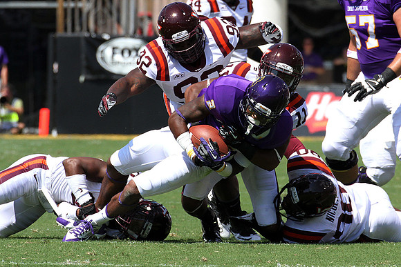 2013.09.14. Virginia Tech (Hokies) at East Carolina University (Pirates). Dowdy-Ficklen Stadium, Greenville, NC. Final score: Virginia Tech 15, ECU 10.