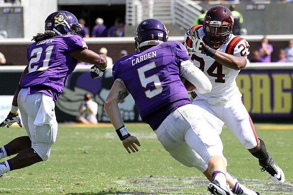2013.09.14. Virginia Tech (Hokies) at East Carolina University (Pirates). Dowdy-Ficklen Stadium, Greenville, NC. Final score: Virginia Tech 15, ECU 10.