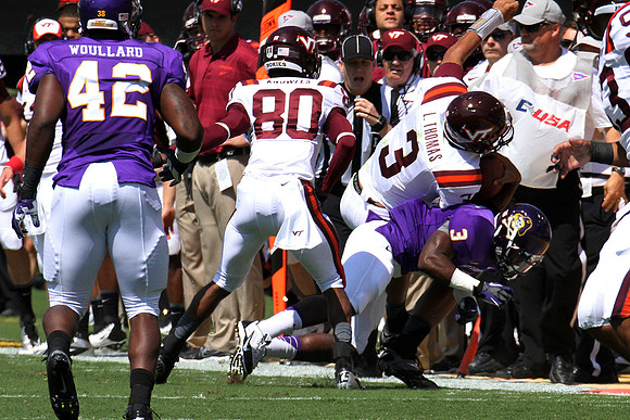 2013.09.14. Virginia Tech (Hokies) at East Carolina University (Pirates). Dowdy-Ficklen Stadium, Greenville, NC. Final score: Virginia Tech 15, ECU 10.