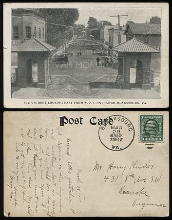 Postcard. Circa 1917. Main Street Looking East From VPI Entrance