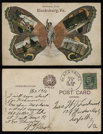 Postcard. Circa 1909. Greetings From Blacksburg.