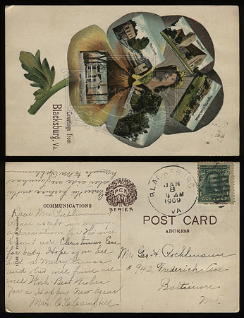 Postcard. Circa 1909. Greetings From Blacksburg.